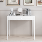 White 35.43' Vanity Desk with Drawer – Modern Makeup Table with Scalloped Front & Gold Knob, Compact Writing Desk with 4 Sturdy Legs for Bedroom, Small Home Office & Apartment Spaces - Grand Goldman Shop