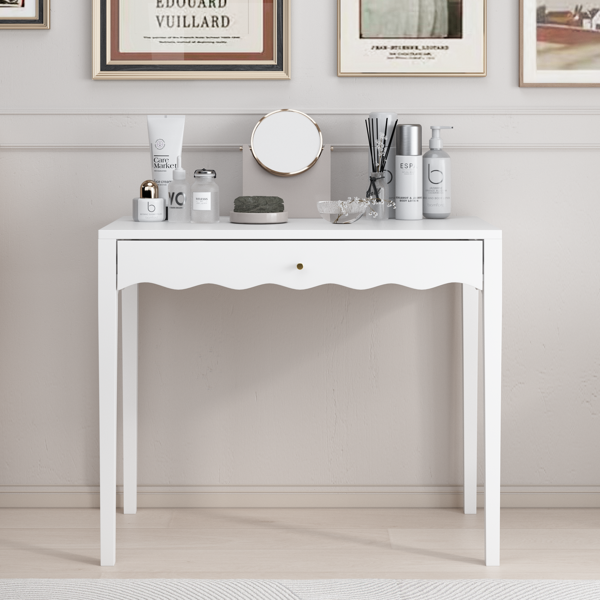 White 35.43' Vanity Desk with Drawer – Modern Makeup Table with Scalloped Front & Gold Knob, Compact Writing Desk with 4 Sturdy Legs for Bedroom, Small Home Office & Apartment Spaces - Grand Goldman Shop