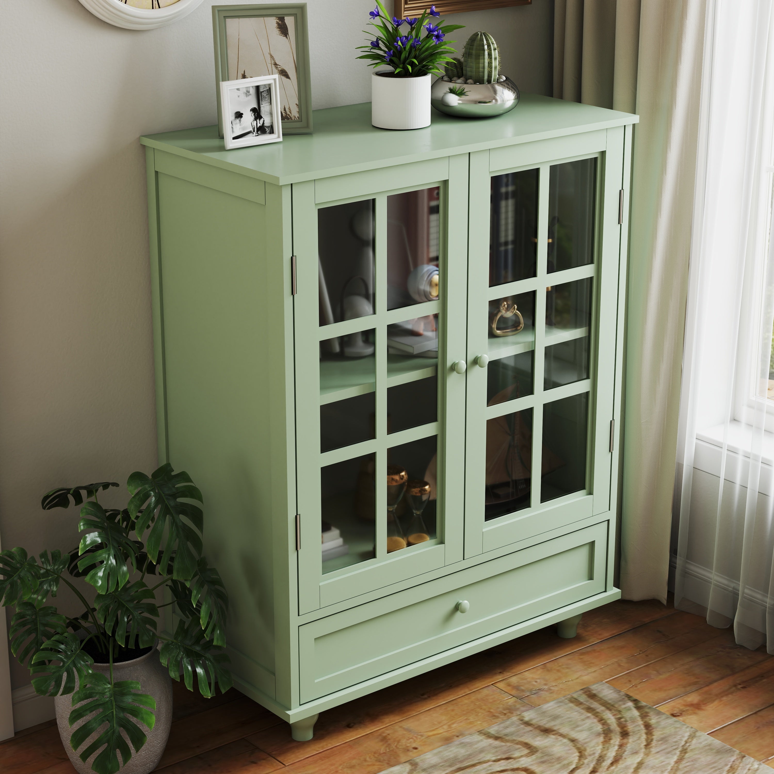 Minimalism Buffet Cabinet with Double Glass Doors and Drawer, Modern Wooden Storage Sideboard Cupboard, Mint Green, MDF and Solid Wood, 28''x15''x36.22'' - Grand Goldman Shop