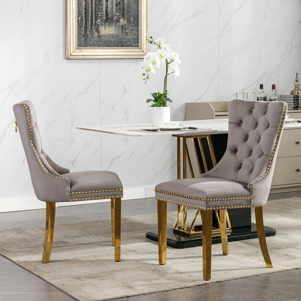 Nikki Collection Modern, High-end Tufted Solid Wood Contemporary Velvet Upholstered Dining Chair with Golden Stainless Steel Plating Legs,Nailhead Trim,Set of 2,Gray and Gold, SW1601GY - Grand Goldman Shop