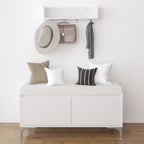 Modern White Wall-Mounted Entryway Shelf with Hooks and Storage Bench Set, Off White Metal & Wood, 39.37 x 15.75 x 19.49 inches - Grand Goldman Shop