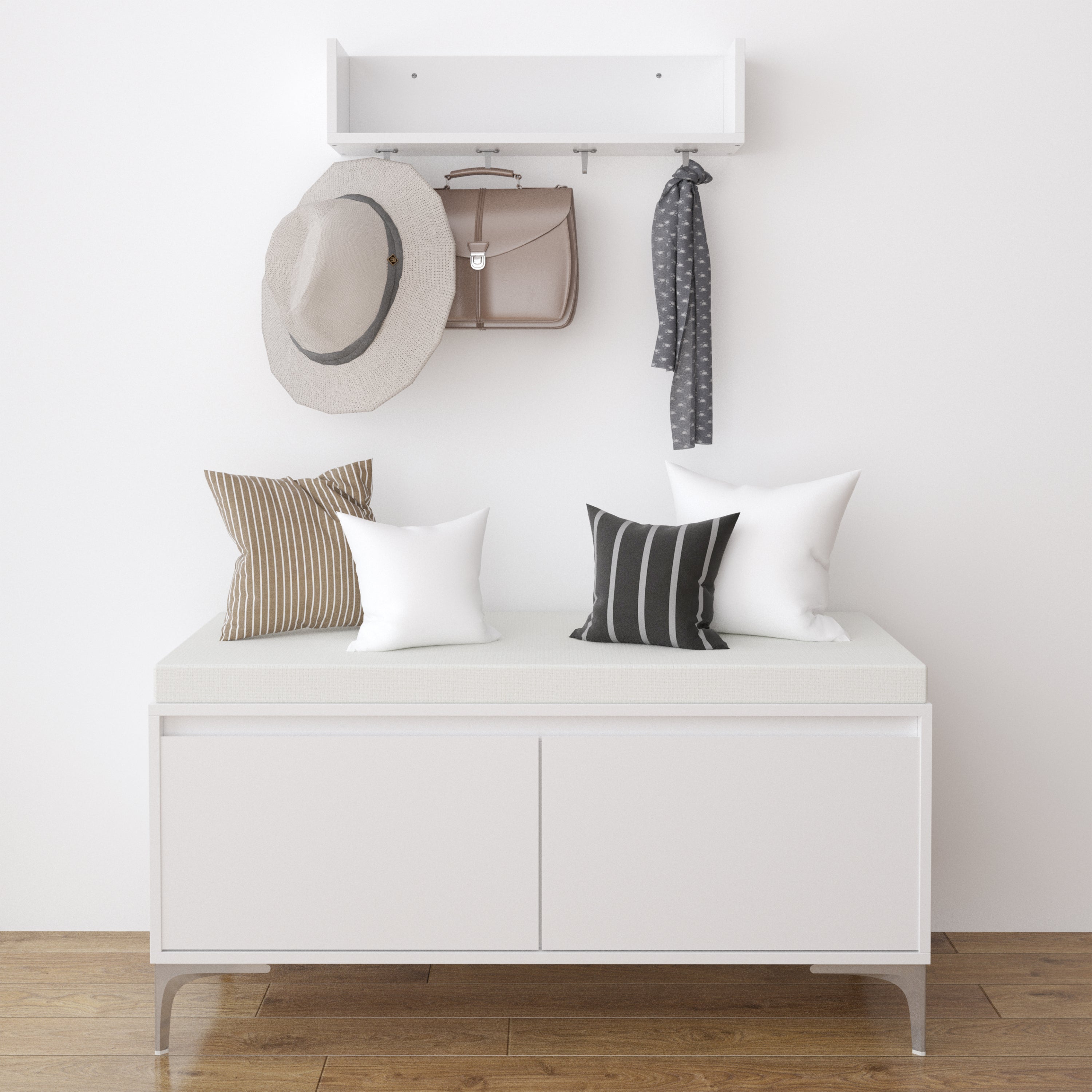 Modern White Wall-Mounted Entryway Shelf with Hooks and Storage Bench Set, Off White Metal & Wood, 39.37 x 15.75 x 19.49 inches - Grand Goldman Shop