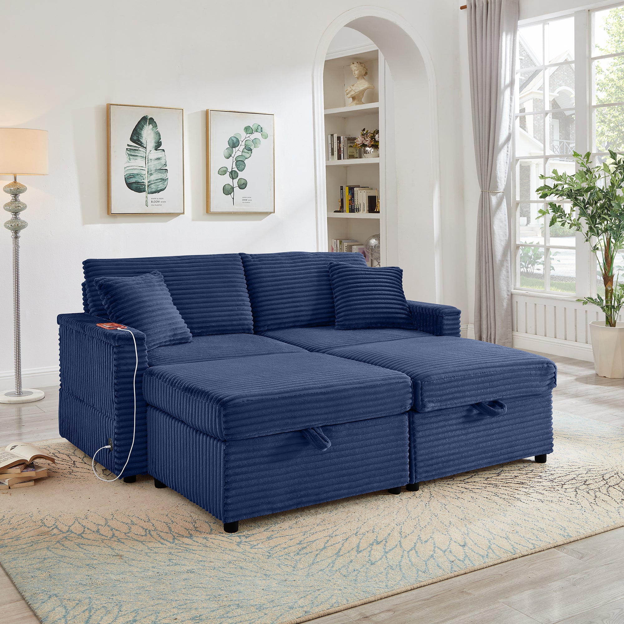 Comfortable Fluffy Corduroy Lazy Sofa, Storage Space for Big Loveseat, Super Soft Chaise Lounge with Double Ottomans and Table Board,Suitable for Chailiving - Grand Goldman Shop