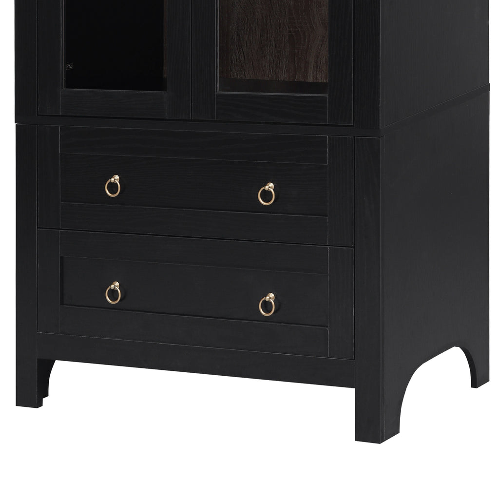 K&K 71' Tall Arched Kitchen Pantry Cabinet with 2 Large Drawers, Modern Farmhouse Kitchen Storage Cabinets with Adjustable Shelves, Glass Door, Wood Versatile Cupboard for Kitchens, Dining Room, Black - Grand Goldman Shop