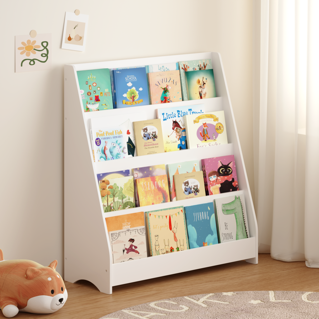 4-Tier Kids Bookshelf, Toddler Book Display Shelves in White, Made of MDF with Rounded Edges, 31.5 x 11.8 x 34.65 inches - Gr
