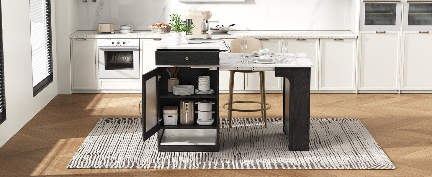 K&K 59.5' Kitchen Island with Extendable Dining Table, Kitchen Storage Table with Double-sided Storage, Kitchen Island with 2 Drawers, Power Outlet, Side Open Shelves, for Kitchen, Dining Room, Black - Grand Goldman Shop