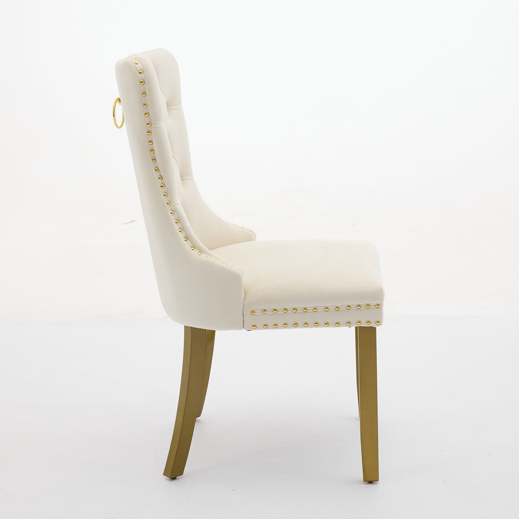 A&A Furniture, Nikki Collection Modern, High-end Tufted Solid Wood Contemporary Velvet Upholstered Dining Chair with golden Wood Legs Nailhead Trim 2-Pcs Set, Milky White,SW1401MW - Grand Goldman Shop