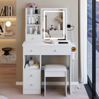 29.2' Small Size Left Drawer Desktop Vanity Table + Cushioned Stool, 2 AC+2 USB Power Station, Hair dryer bracket, Extra Large Touch Control Sliding LED Mirror, Tri-color Switching, Brightness Adjust - Grand Goldman Shop
