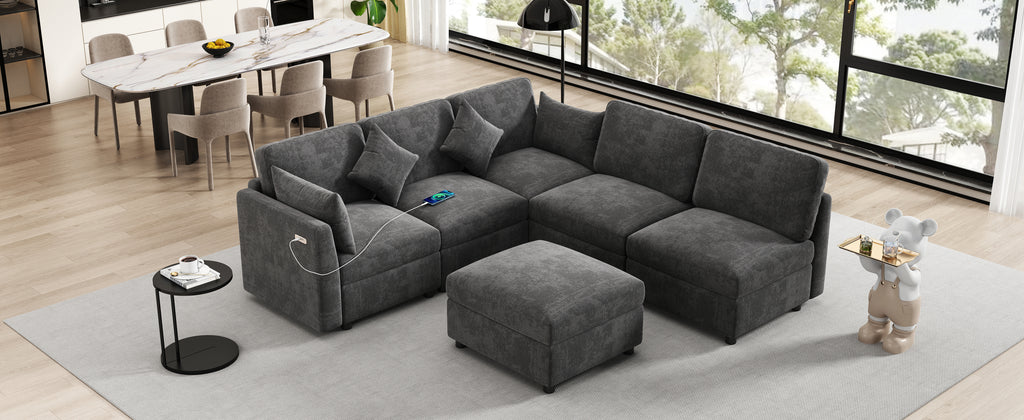 Stylish Modular U-Shaped Sectional Sofa with USB Ports, Black Chenille, 86.6' - Grand Goldman Shop