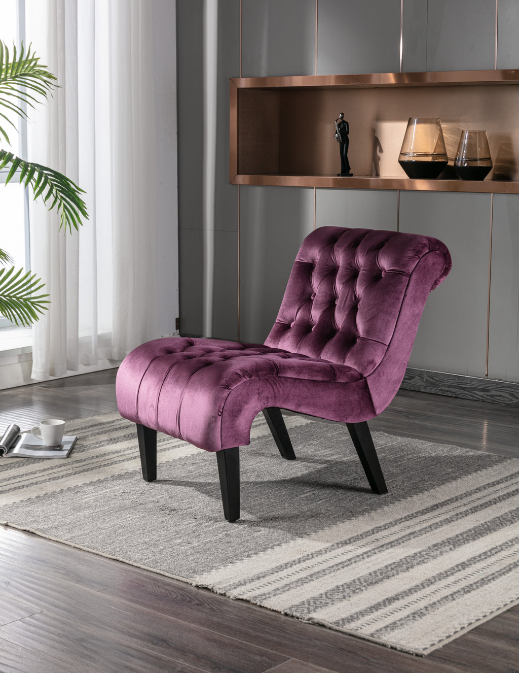COOLMORE Modern Velvet Armless Accent Living Room Chair / Leisure Chair,Upholstered Fabric Button Comfortable Chair with Wooden Legs for Bedroom, Living Room, Office (Purple Velvet) - Grand Goldman Shop