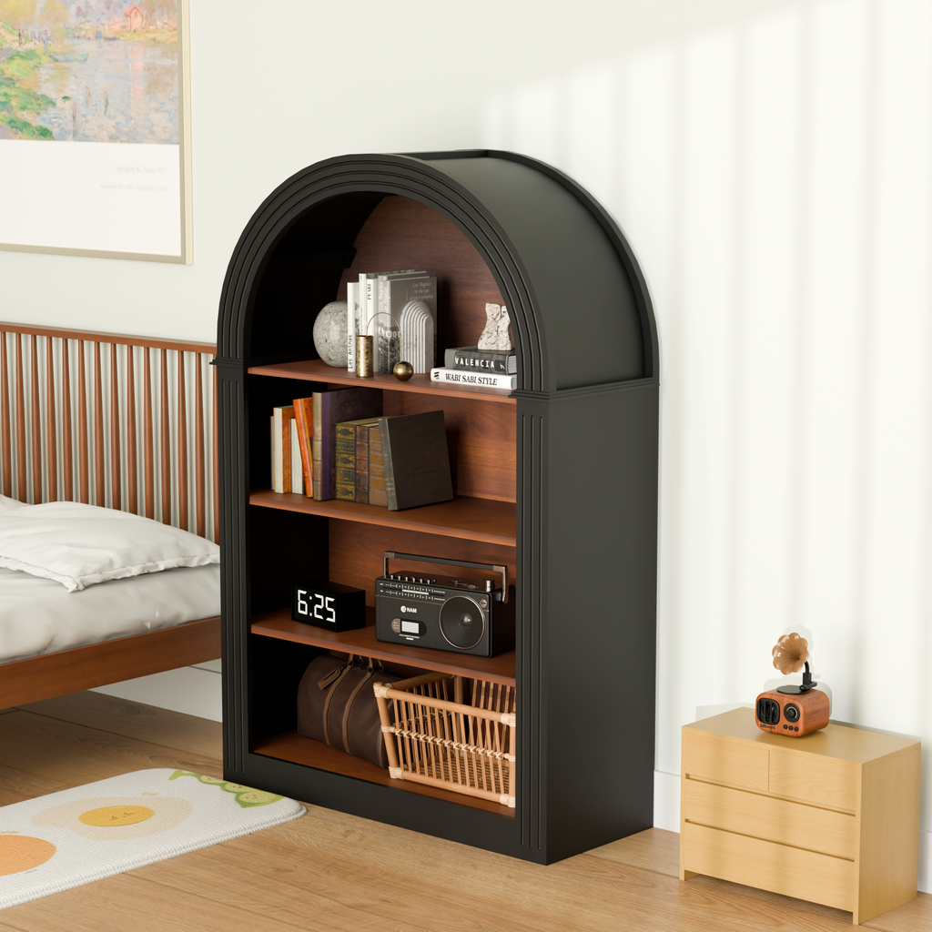 Bookcase, 4-Shelf Tall Bookshelf, 45.66' Wood Open Display Floor Arched Bookcase, Large Storage Organizer for Library, Bedroom, and Living Room (Black) - Grand Goldman Shop