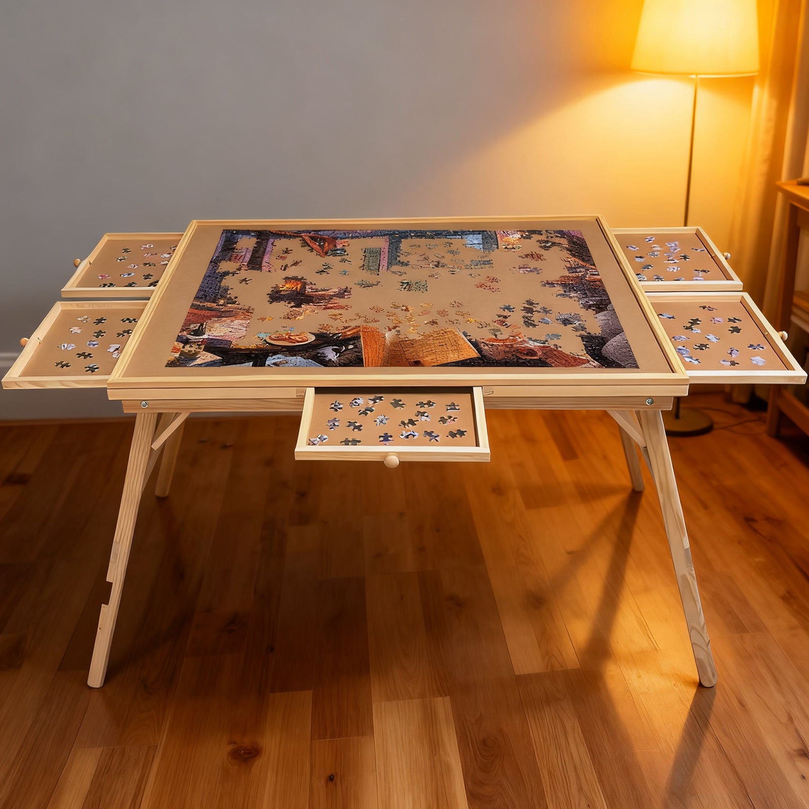 27' H Tall 1500 Piece Puzzle Table with Legs, 5 Drawers, 34' W x 26' D Large Wood Folding Jigsaw Puzzle Board for Adults, Nat
