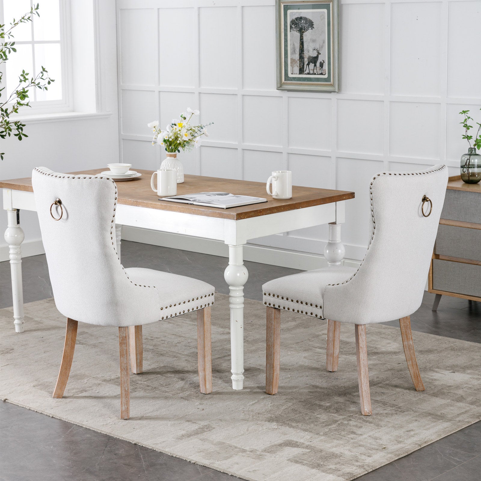 Nikki Collection Modern, High-end Tufted Solid Wood Contemporary Flax Upholstered Dining Chair with Wood Legs Nailhead Trim 2-Pcs Set,Gray, SW6801BG - Grand Goldman Shop