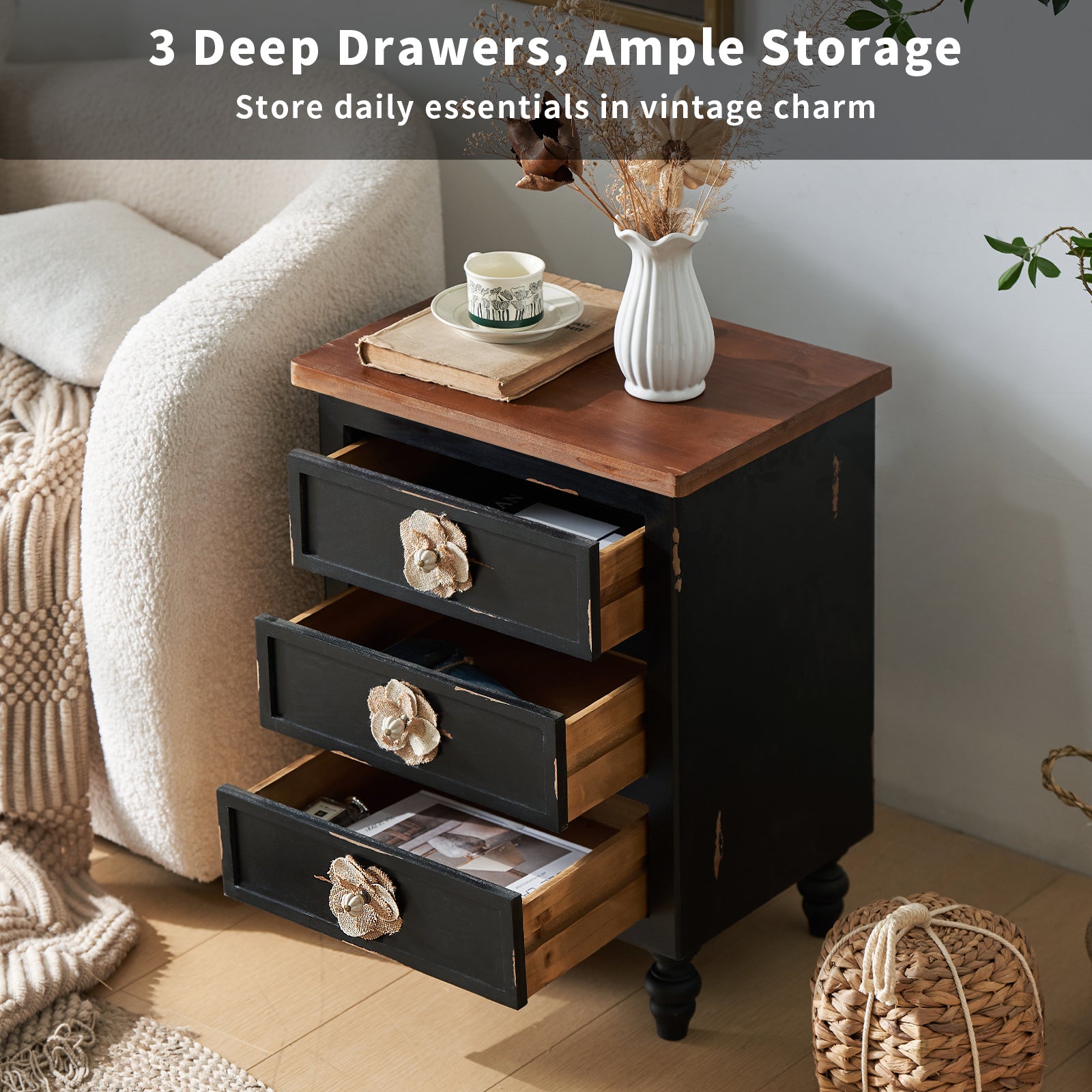 Vintage Farmhouse End Table with Floral Knobs – 19' Rustic Nightstand with 3 Drawers Gourd Legs,Bedside or Sofa Accent Table, Almost Fully Assembled, Black - Grand Goldman Shop
