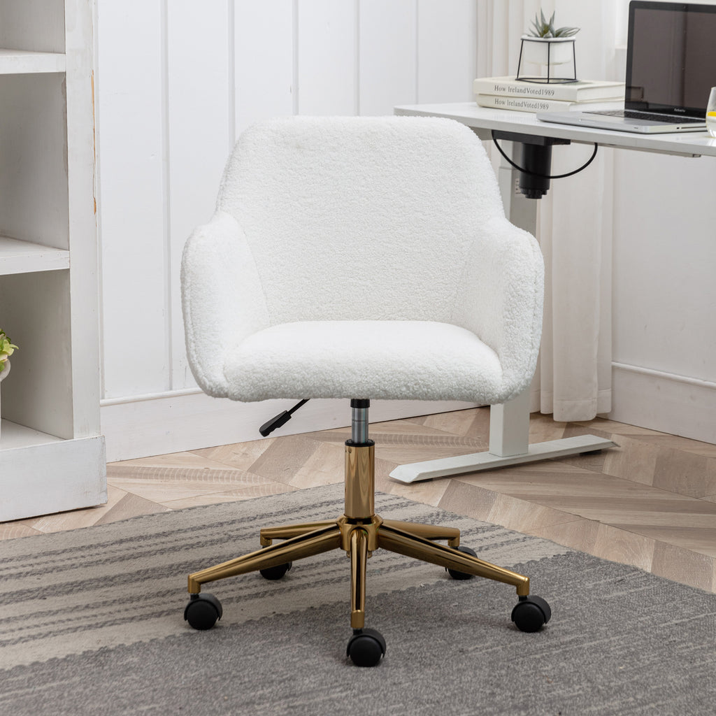 Modern Home Office Chair with Adjustable Height and Gold Metal Legs, White Teddy Fabric | Premium Home Decor - Grand Goldman