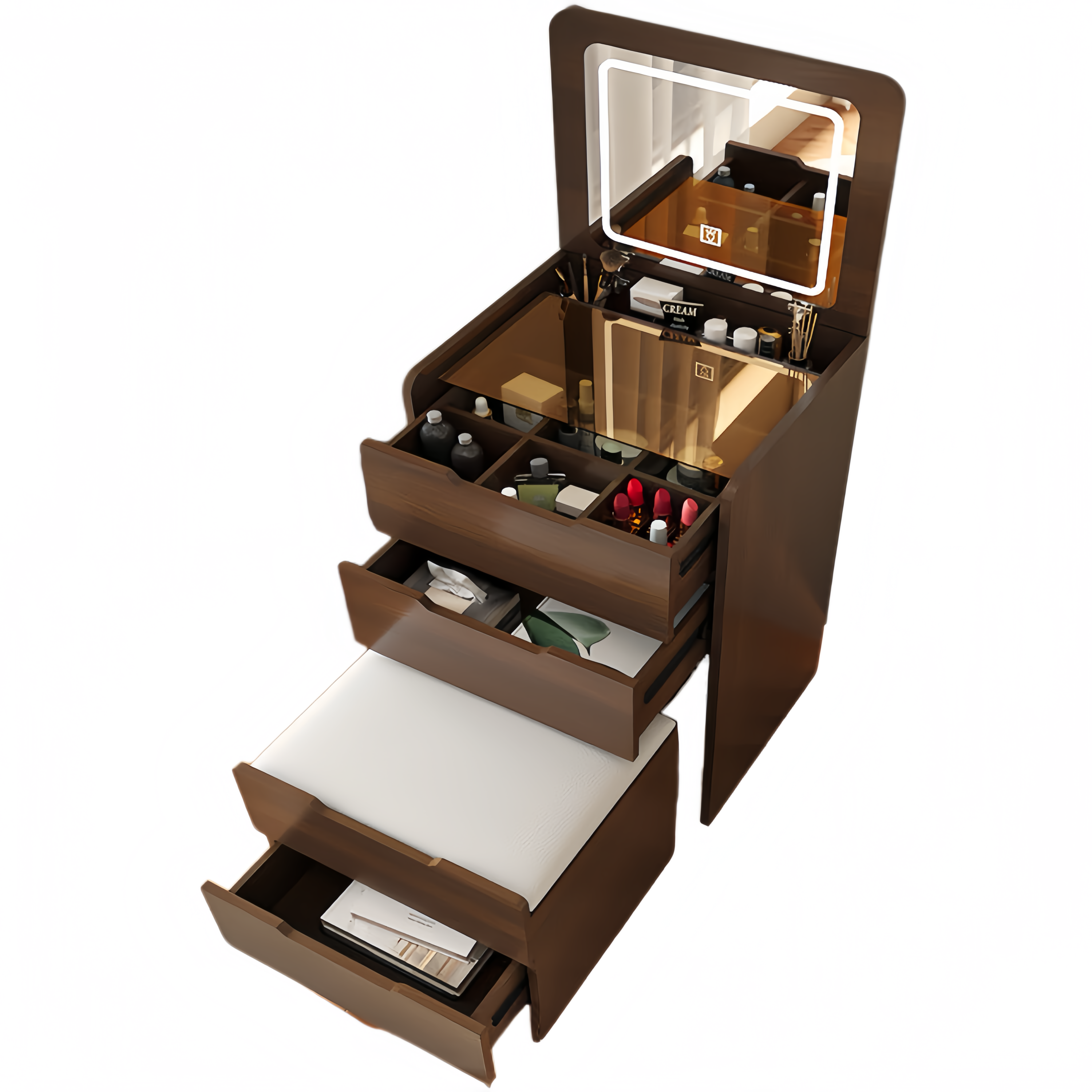 (60cm) 3 in 1 Vanity Desk with Plip Top Mirror, Small Make Up Vanity Set with Visible Glass Desktop, Compact Makeup Vanity with 3 Drawers, Dressing Table for Bedroom (Walnut Color) - Grand Goldman Shop