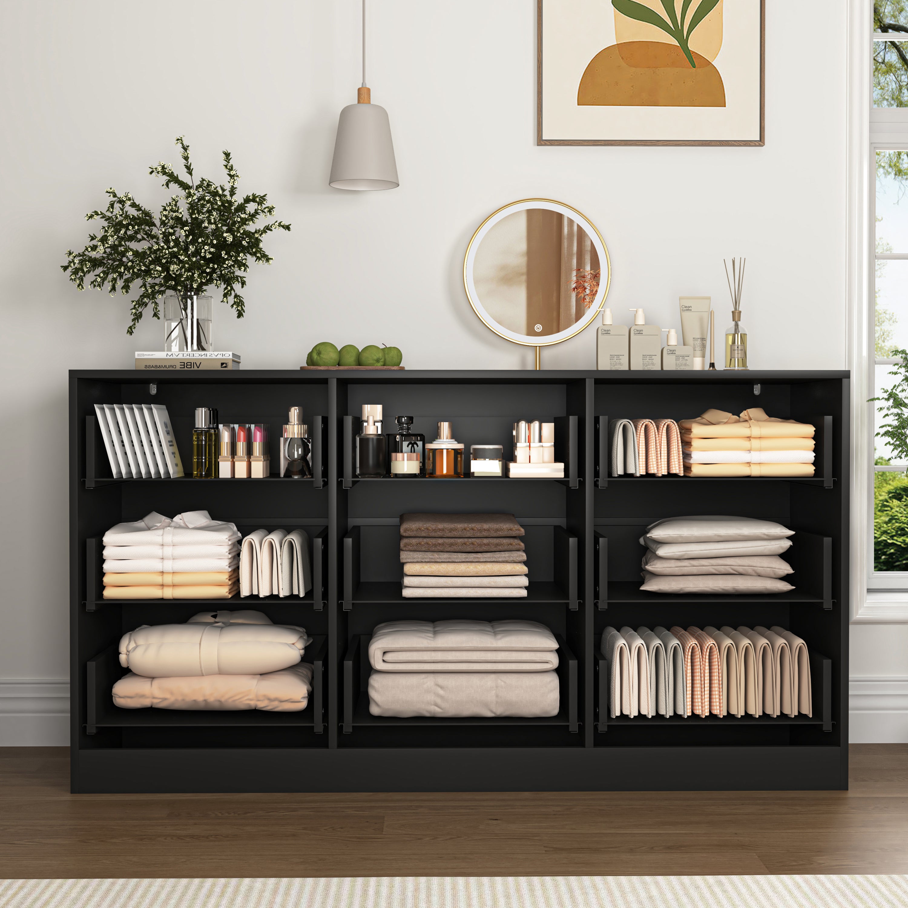 Black 9 Drawer Dresser, 63' Large Deep Chest of Drawers, Wooden Dresser Storage Cabinet with 9 Drawers for Bedroom, Long Dressers for Living Room, Hallway, Drawer panel with wavy patterns - Grand Goldman Shop
