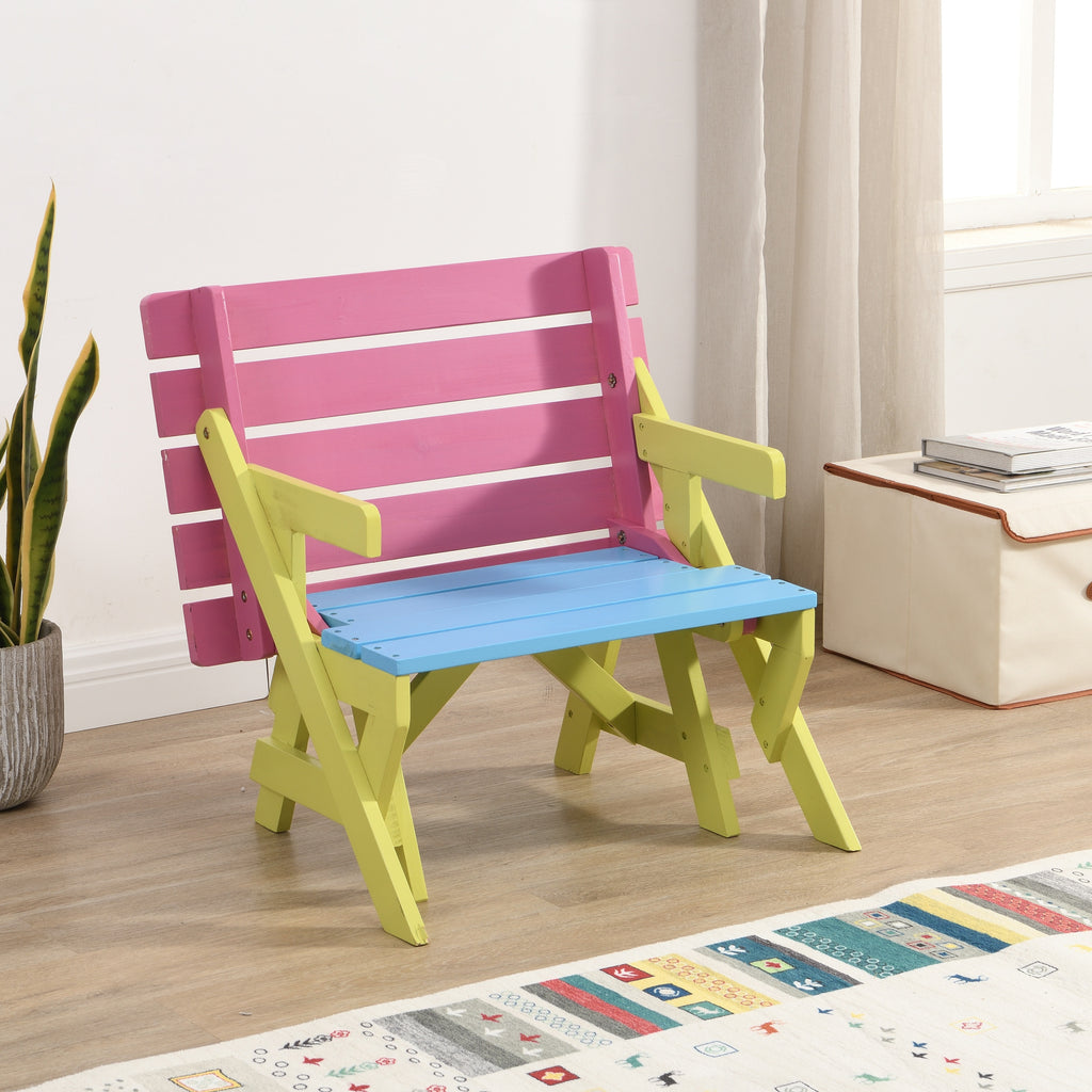 Kids Multi-Functional Arm Chair, Table + 2 Benches All-in-One Set, Blue + Pink, Wood, 40.60 x 20.10 x 18.70 inches | Premium 