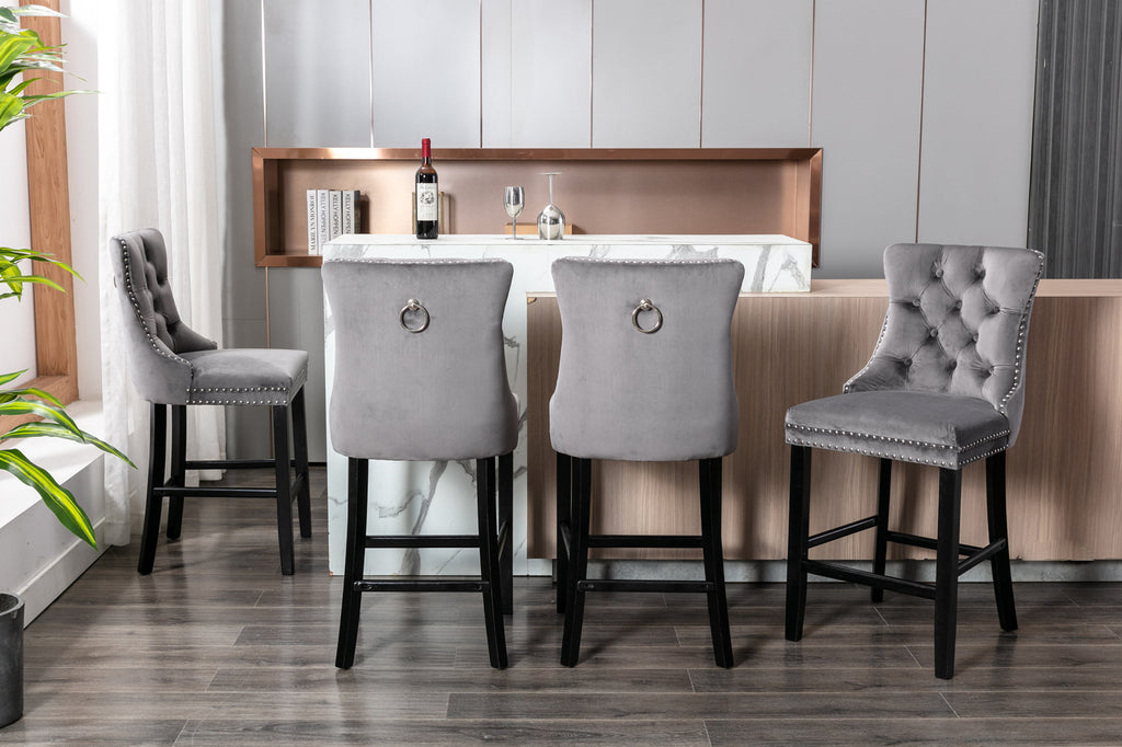 Contemporary Velvet Upholstered Barstools with Button Tufted Decoration and Wooden Legs, and Chrome Nailhead Trim, Leisure Style Bar Chairs,Bar stools, Set of 2 (Gray),SW1902GY - Grand Goldman Shop