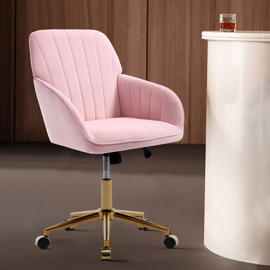 TY Ergonomic Office Chair, Baby Pink Velvet Adjustable Swivel Chair with Lumbar Support for Home Bedroom, Comfortable for Lon