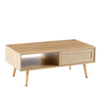 41.34' Rattan Coffee Table, Sliding Door for Storage, Solid Wood Legs, Modern Table for Living Room-Natural - Grand Goldman Shop