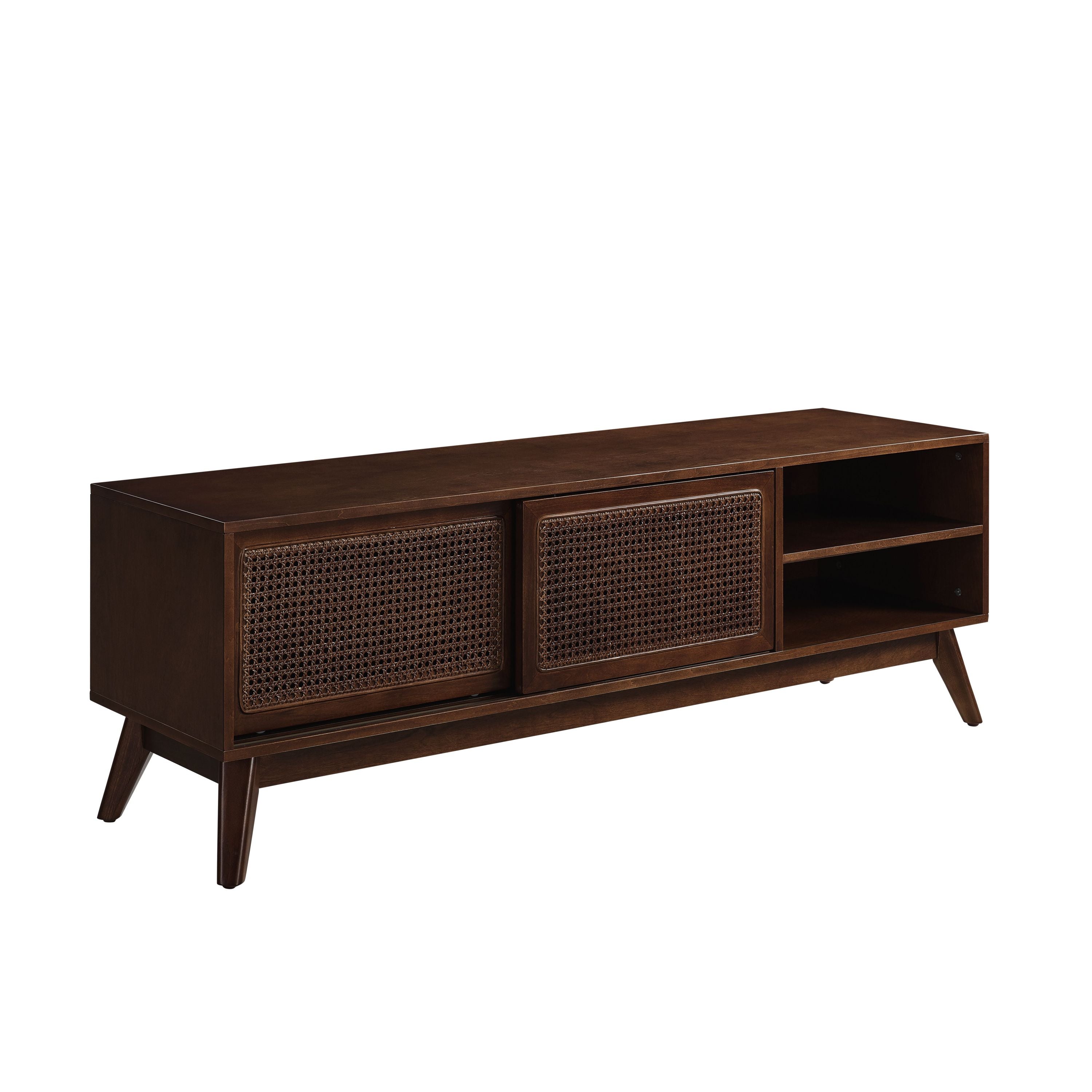 59 Inch Mid Century Modern Rattan TV Stand for 65 Inch TV, Entertainment Cabinet, Media Console for Living Room Media Room, Solid Wood Feet & Rattan Cabinet Doors - Dark Wood - Grand Goldman Shop