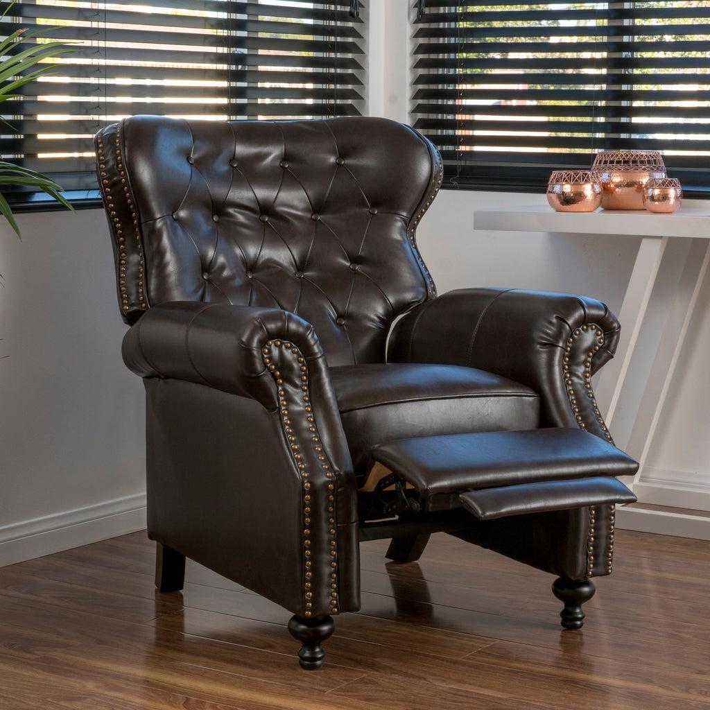 Contemporary Style Push Back Recliner with Button-Tufted Stitching and Nailhead Trim in Dark Brown PU - Grand Goldman Shop