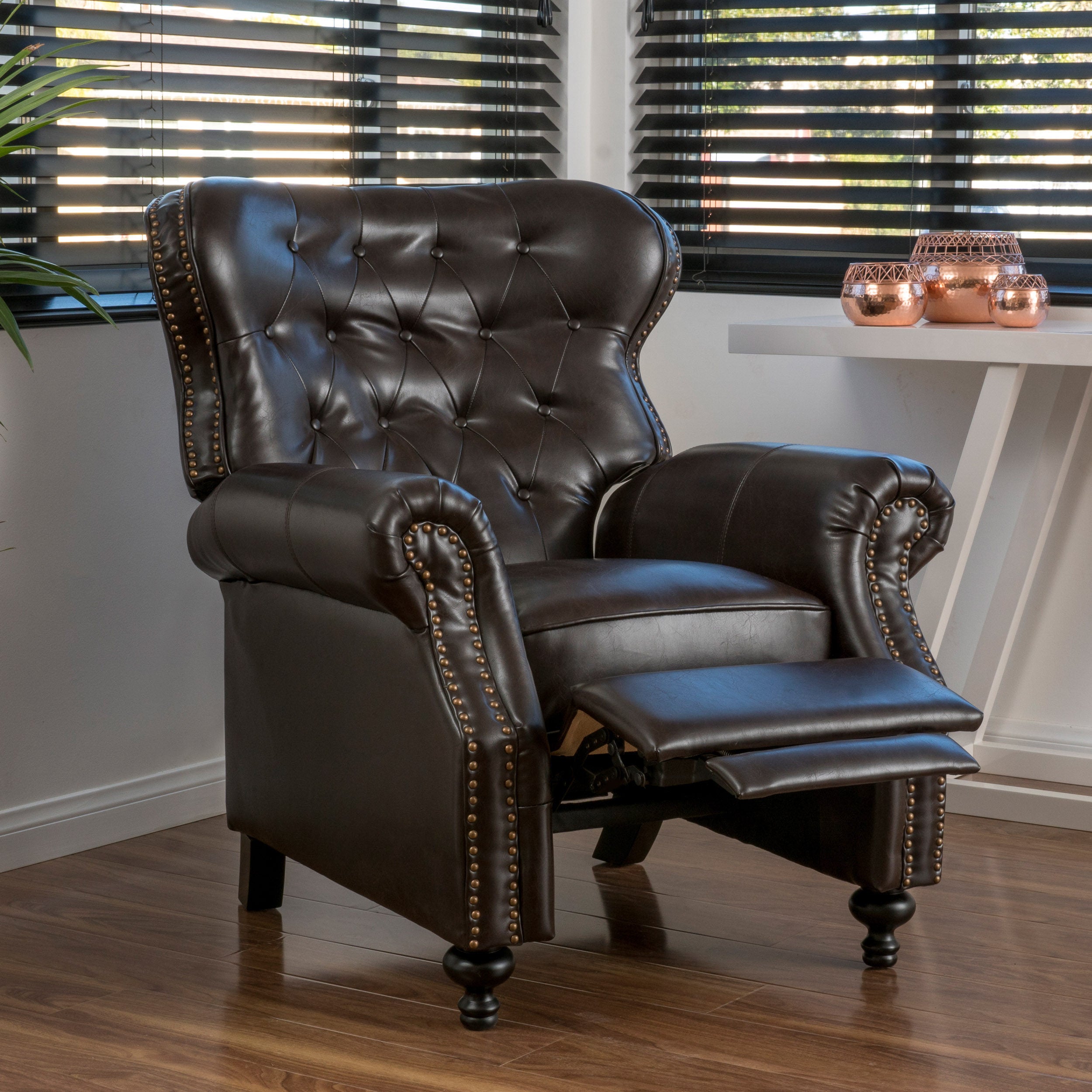 Contemporary Style Push Back Recliner with Button-Tufted Stitching and Nailhead Trim in Dark Brown PU - Grand Goldman Shop