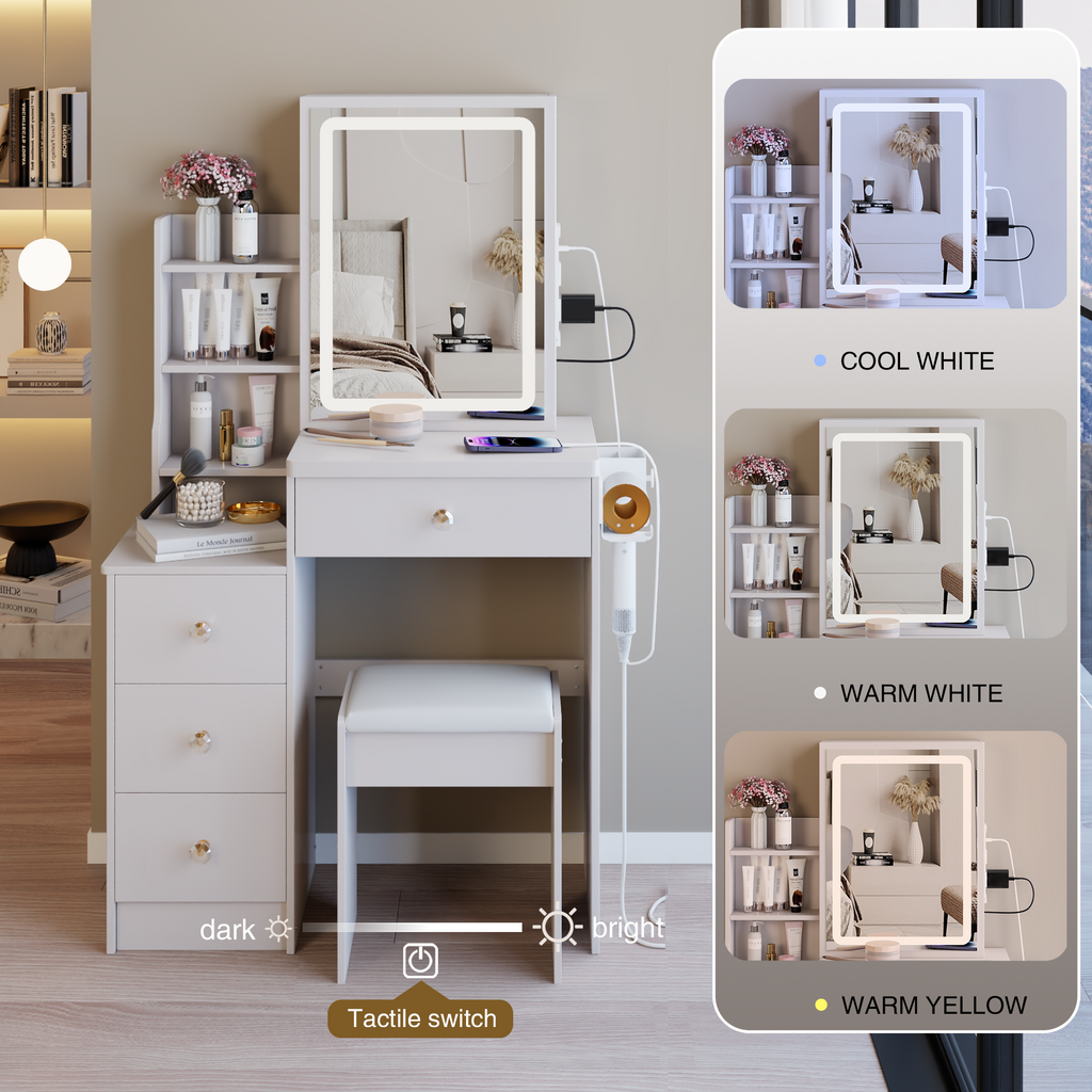 29.2' Small Size Bedside Cabinet Vanity Table + Cushioned Stool, 2 AC+2 USB Power Station, Hair dryer bracket, Extra Large Touch Control Sliding LED Mirror, 3-color Switching, EPA, GCC, UL Certificate - Grand Goldman Shop
