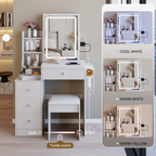 29.2' Small Size Bedside Cabinet Vanity Table + Cushioned Stool, 2 AC+2 USB Power Station, Hair dryer bracket, Extra Large Touch Control Sliding LED Mirror, 3-color Switching, EPA, GCC, UL Certificate - Grand Goldman Shop