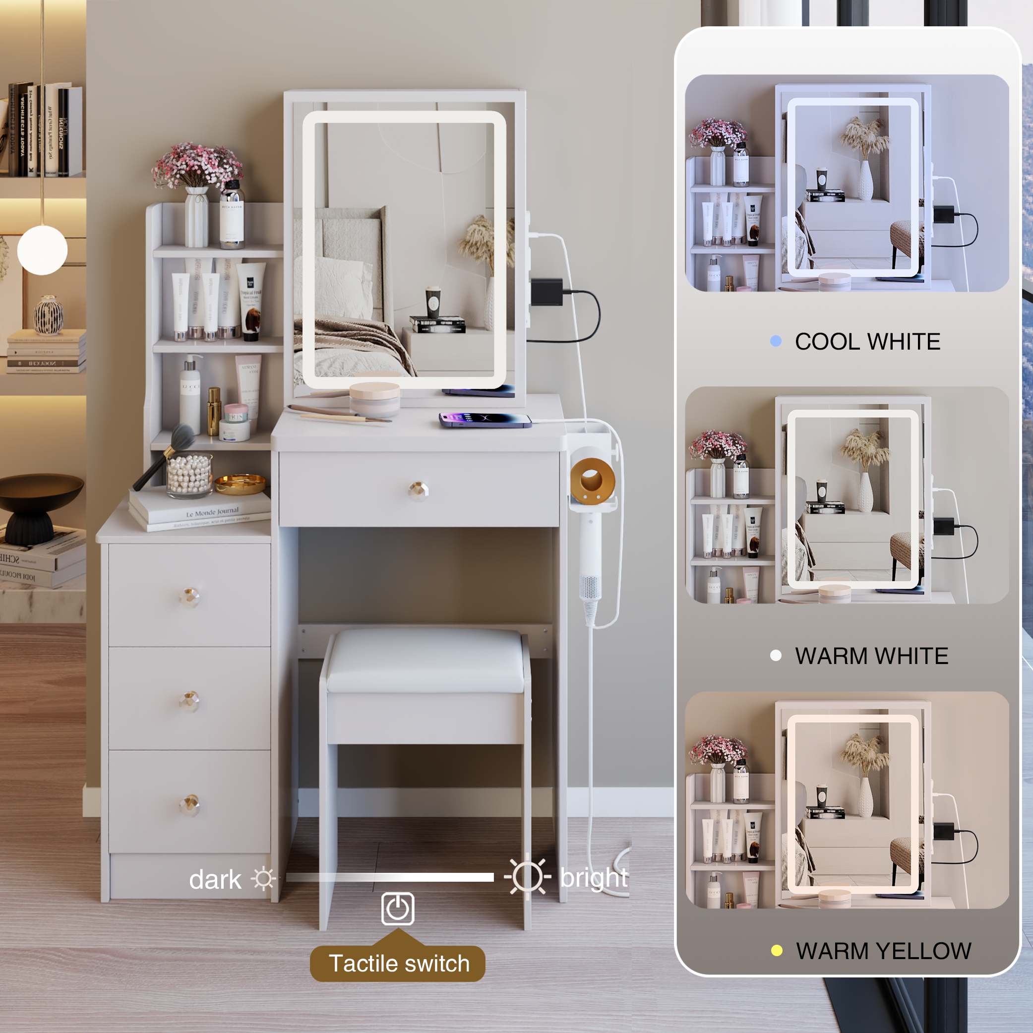 29.2' Small Size Bedside Cabinet Vanity Table + Cushioned Stool, 2 AC+2 USB Power Station, Hair dryer bracket, Extra Large Touch Control Sliding LED Mirror, 3-color Switching, EPA, GCC, UL Certificate - Grand Goldman Shop