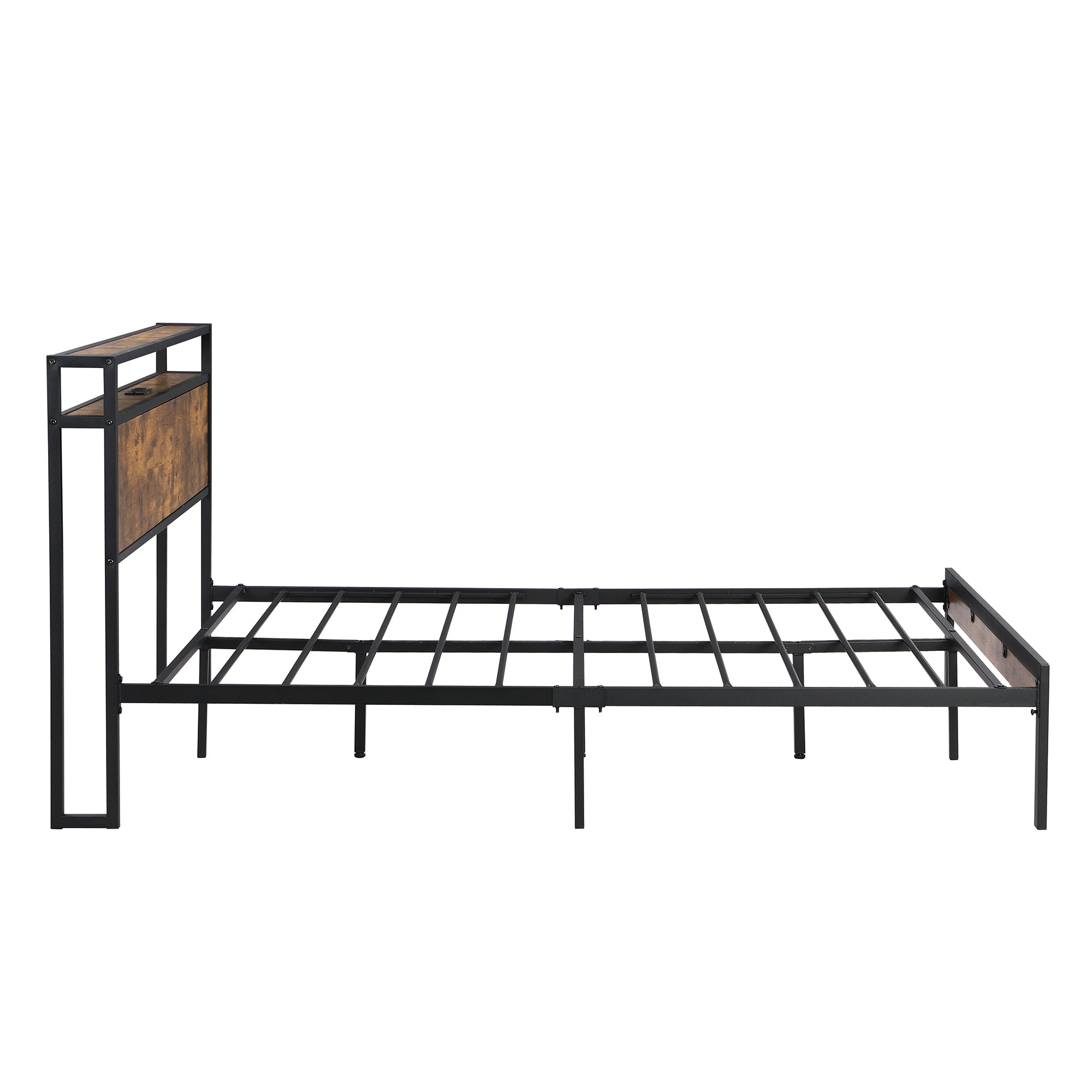 Modern Metal Platform Bed Frame with Wooden Headboard and Footboard, USB Liner, Queen Size, Black and Brown - Grand Goldman Shop