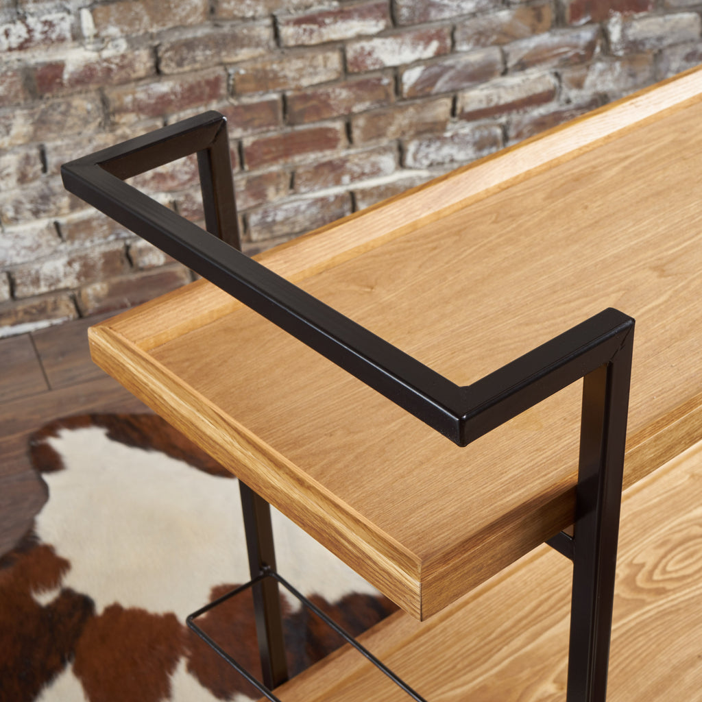 Modern Industrial Bar Cart with Shelving and Casters in Natural Wood and Metal, 38 x 16.1 x 33 inches - Grand Goldman Shop