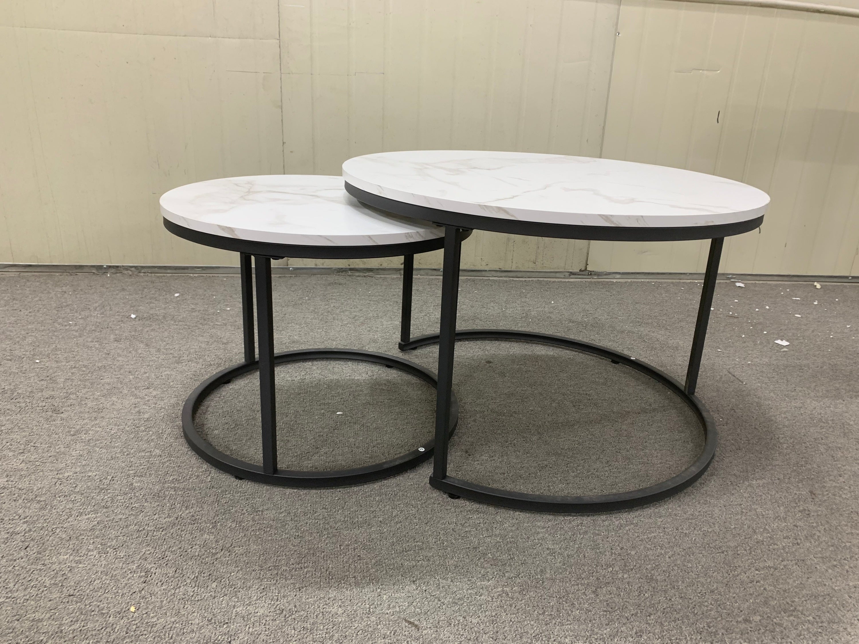 Nesting Coffee Table Set of 2, 27.6inch Round Wood Marble Pattern Top with Sturdy Metal Frame, White Living Room End Tables for Bedroom Balcony Yard - Grand Goldman Shop