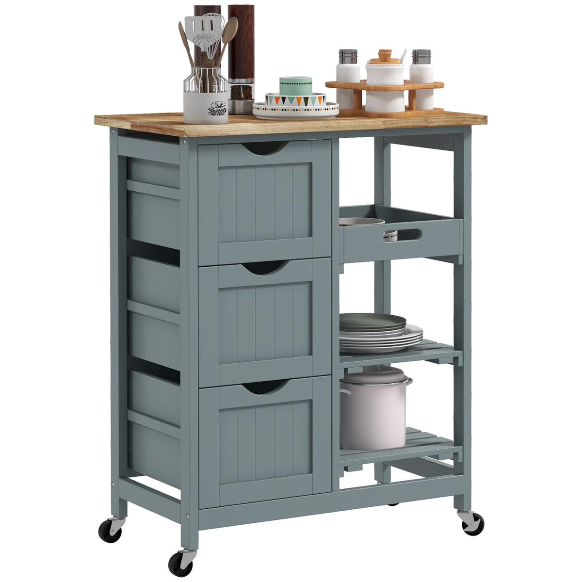 HOMCOM Rolling Kitchen Island Cart, Bar Serving Cart, Compact Trolley on Wheels with Wood Top, Shelves & Drawers for Home Dining Area, Gray - Grand Goldman Shop
