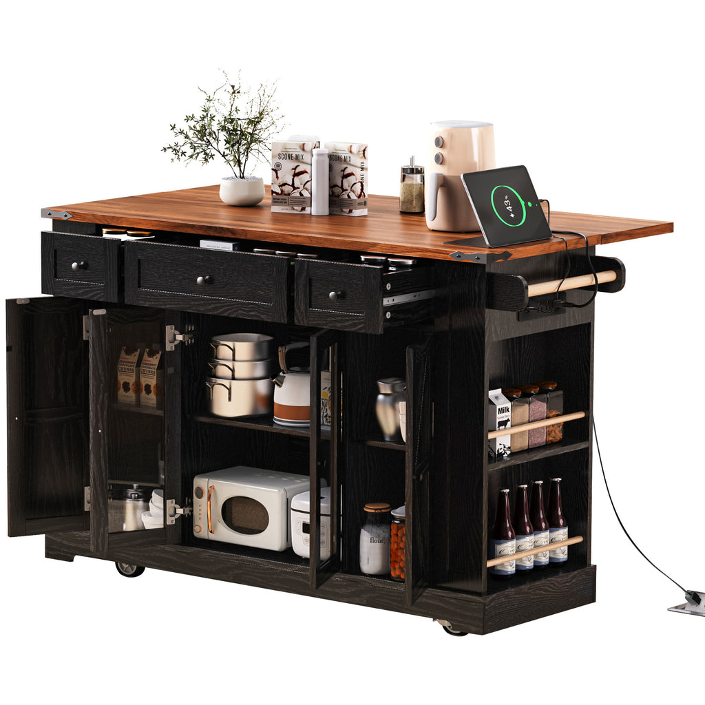 K&K 53'' Farmhouse Kitchen Island with Two Tempered Glass Cabinet Doors, Power Outlet, Rolling Kitchen Cart on Wheels with Drop Leaf, 5 Open Side Racks, 3 Drawers, for Kitchen, Dining Room, Black - Grand Goldman Shop