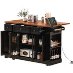 K&K 53'' Farmhouse Kitchen Island with Two Tempered Glass Cabinet Doors, Power Outlet, Rolling Kitchen Cart on Wheels with Drop Leaf, 5 Open Side Racks, 3 Drawers, for Kitchen, Dining Room, Black - Grand Goldman Shop