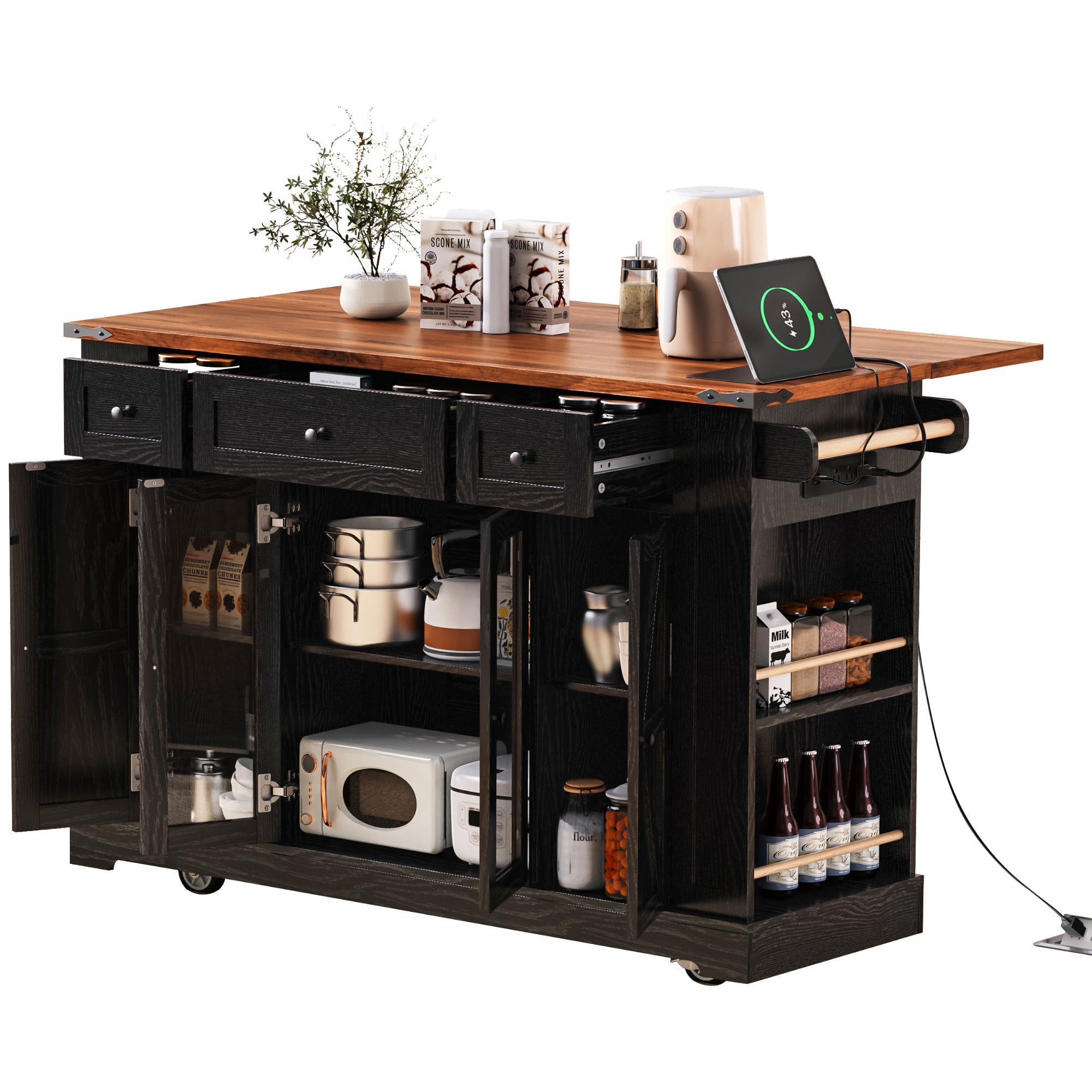 K&K 53'' Farmhouse Kitchen Island with Two Tempered Glass Cabinet Doors, Power Outlet, Rolling Kitchen Cart on Wheels with Drop Leaf, 5 Open Side Racks, 3 Drawers, for Kitchen, Dining Room, Black - Grand Goldman Shop