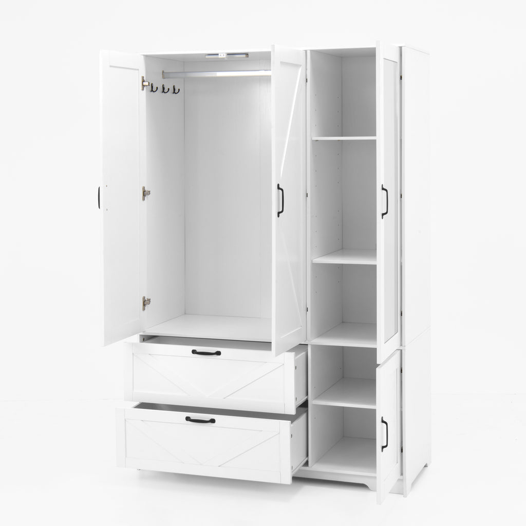4 Doors Wardrobe Closet with Mirror, LED Wardrobe with Doors and 2 Drawers, Wooden Wardrobe Storage Cabinet with Hanging Rod, Adjustable Shelves, White - Grand Goldman Shop