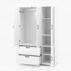 4 Doors Wardrobe Closet with Mirror, LED Wardrobe with Doors and 2 Drawers, Wooden Wardrobe Storage Cabinet with Hanging Rod, Adjustable Shelves, White - Grand Goldman Shop