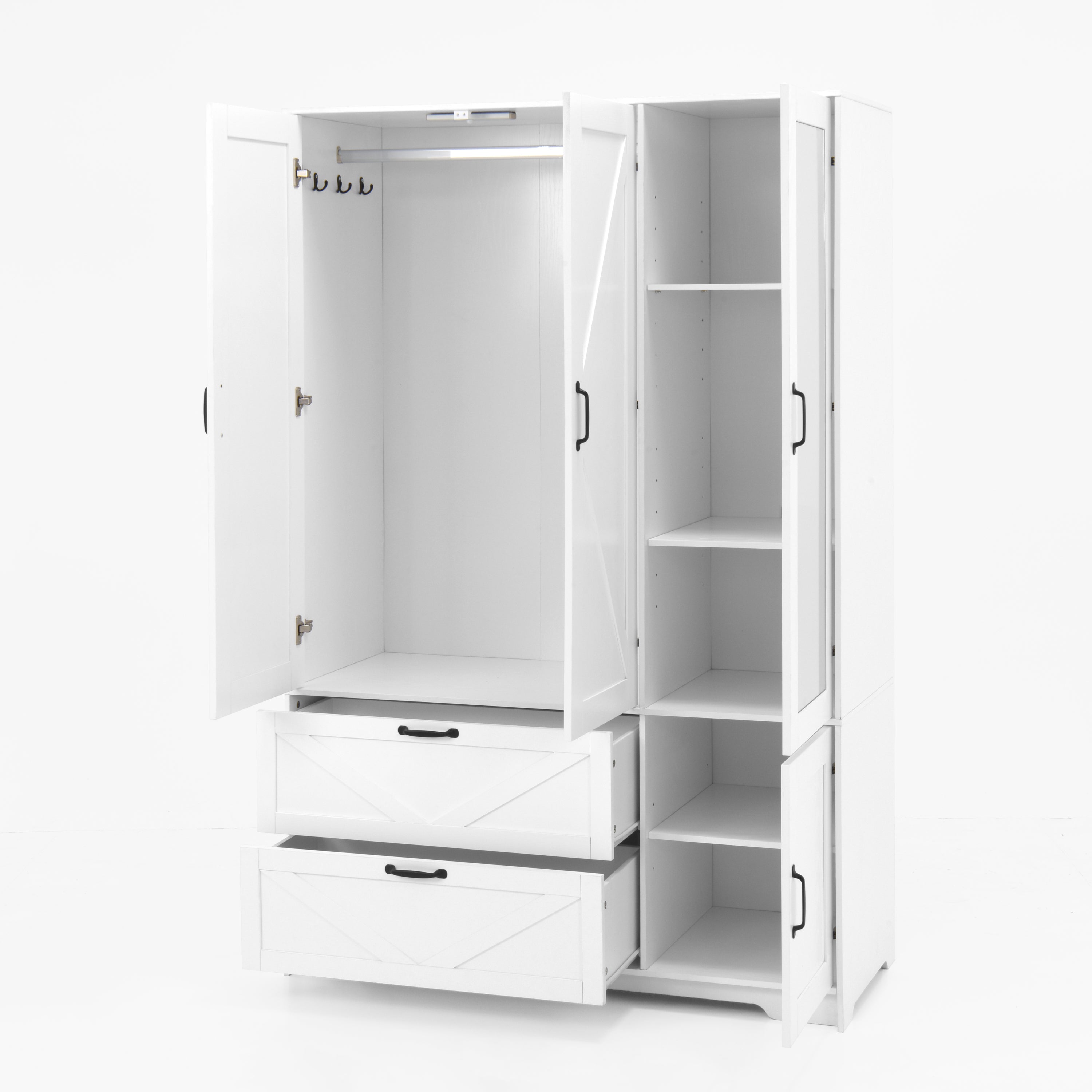 4 Doors Wardrobe Closet with Mirror, LED Wardrobe with Doors and 2 Drawers, Wooden Wardrobe Storage Cabinet with Hanging Rod, Adjustable Shelves, White - Grand Goldman Shop