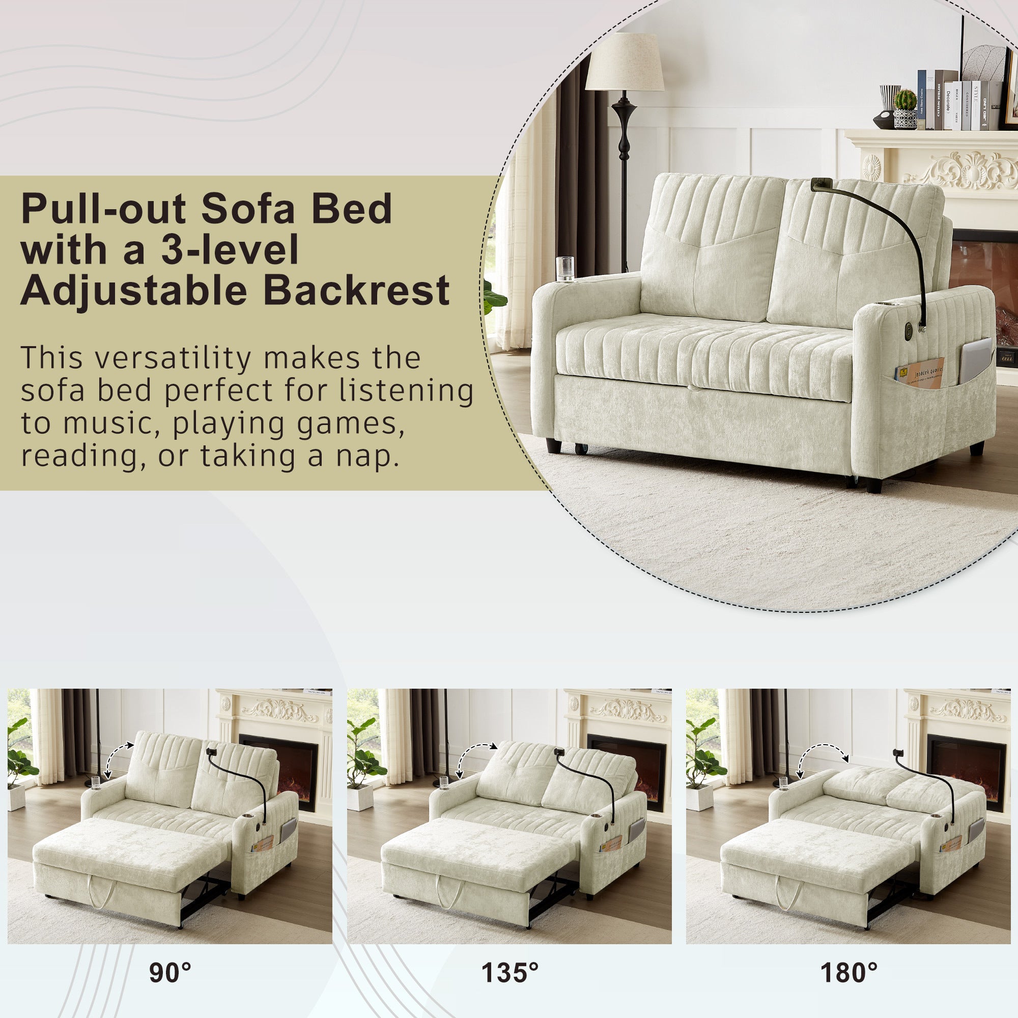 Modern 53.9' Loveseat Pull-out Sofa Bed with Adjustable Backrest, Cup Holders, Charging Ports & Side Storage in Beige Chenille - Grand Goldman Shop