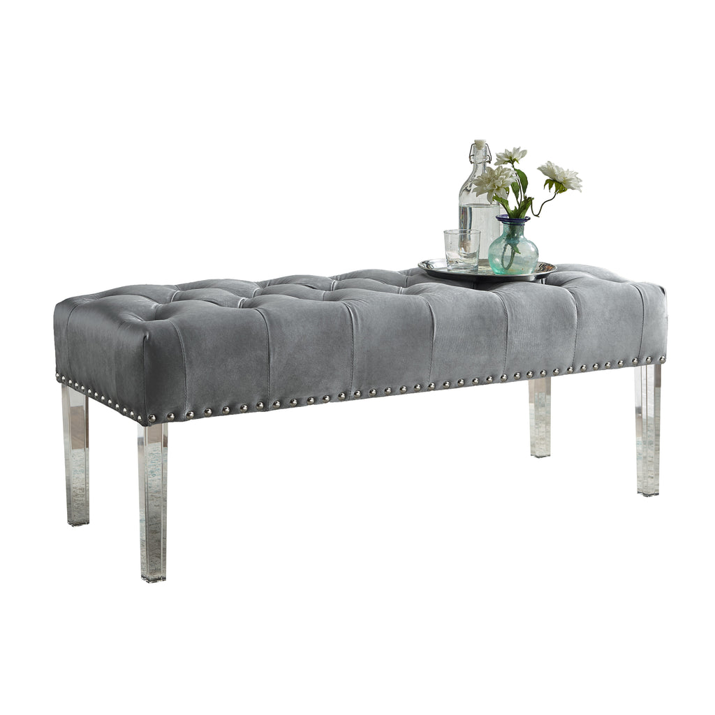 Valley Button Tufted Velvet Upholstered Bench with Acrylic Leg, Gray - Grand Goldman Shop