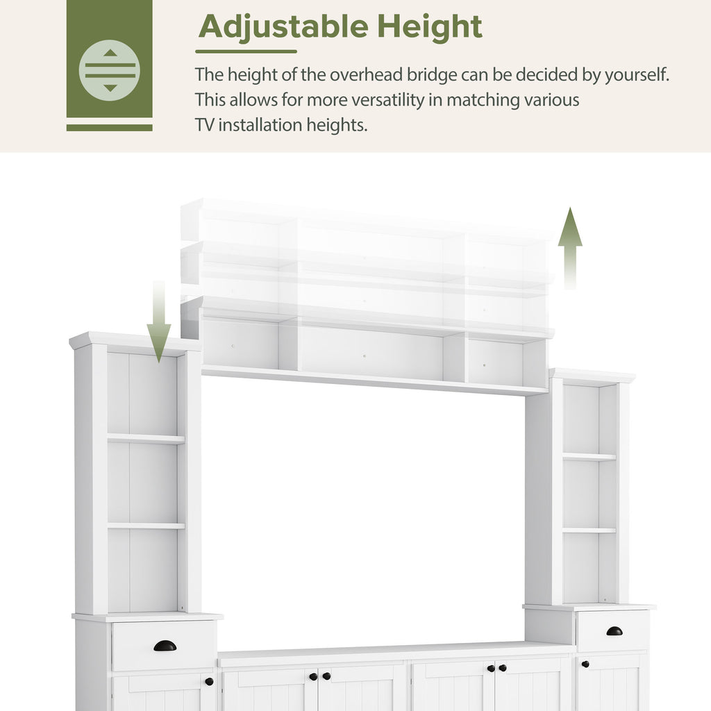 Minimalist Entertainment Wall Unit Set with Bridge for TVs Up to 75'', Ample Storage Space TV Stand with Adjustable Shelves, Modernist Large Media Console for Living Room, White - Grand Goldman Shop