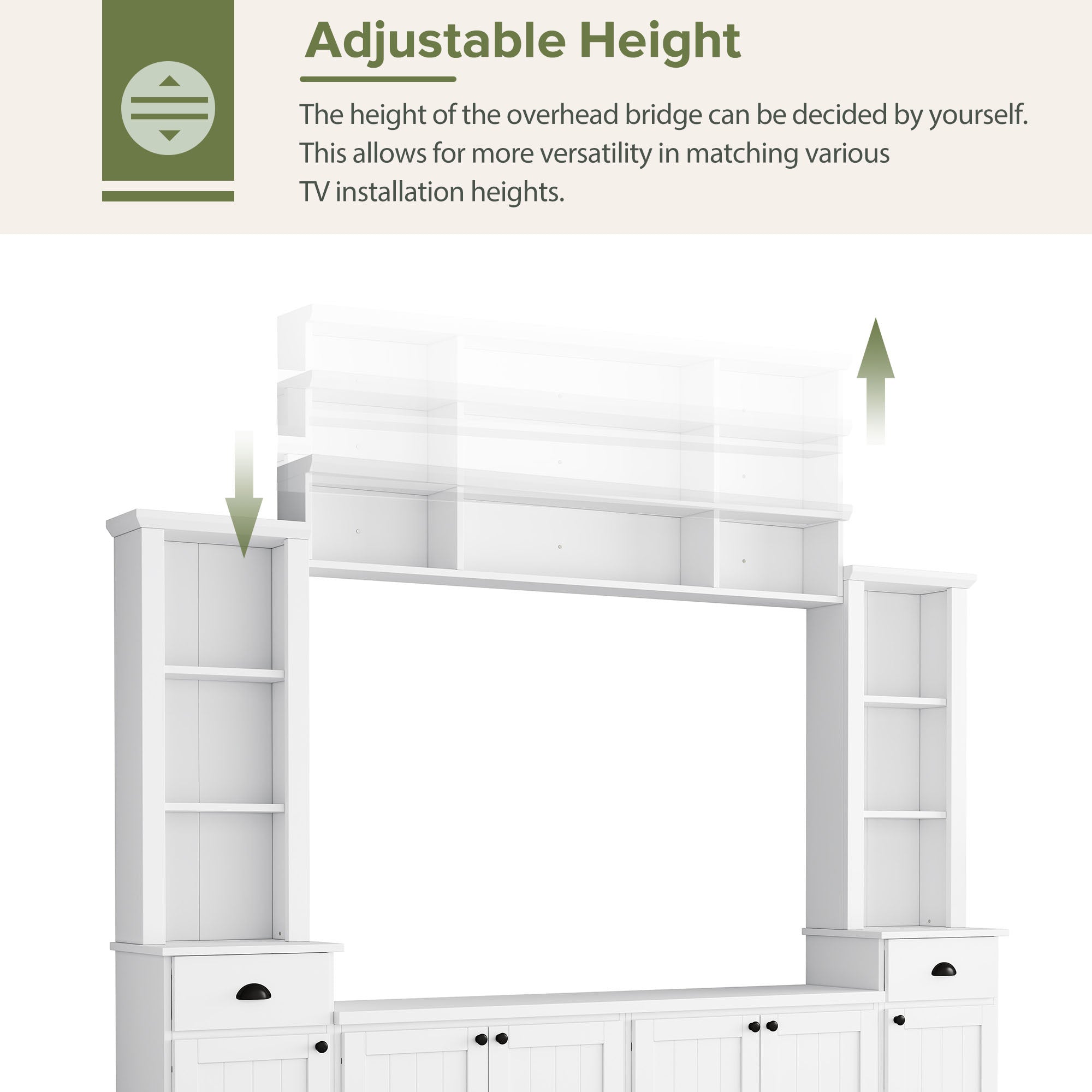 Minimalist Entertainment Wall Unit Set with Bridge for TVs Up to 75'', Ample Storage Space TV Stand with Adjustable Shelves, Modernist Large Media Console for Living Room, White - Grand Goldman Shop