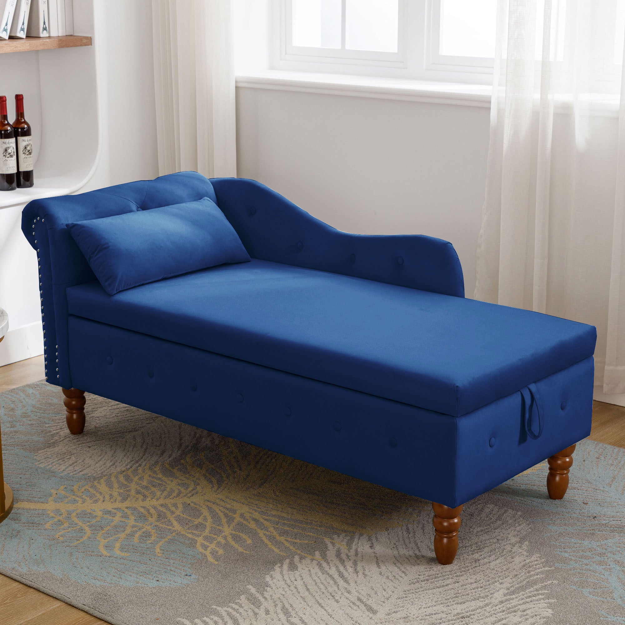 Navy Blue Chaise Lounge Indoor, Velvet Lounge Chair for Bedroom with Storage & Pillow, Modern Upholstered Rolled Arm Chase Lounge for Sleeping with Nailhead Trim for Living Room Bedroom Office - Grand Goldman Shop