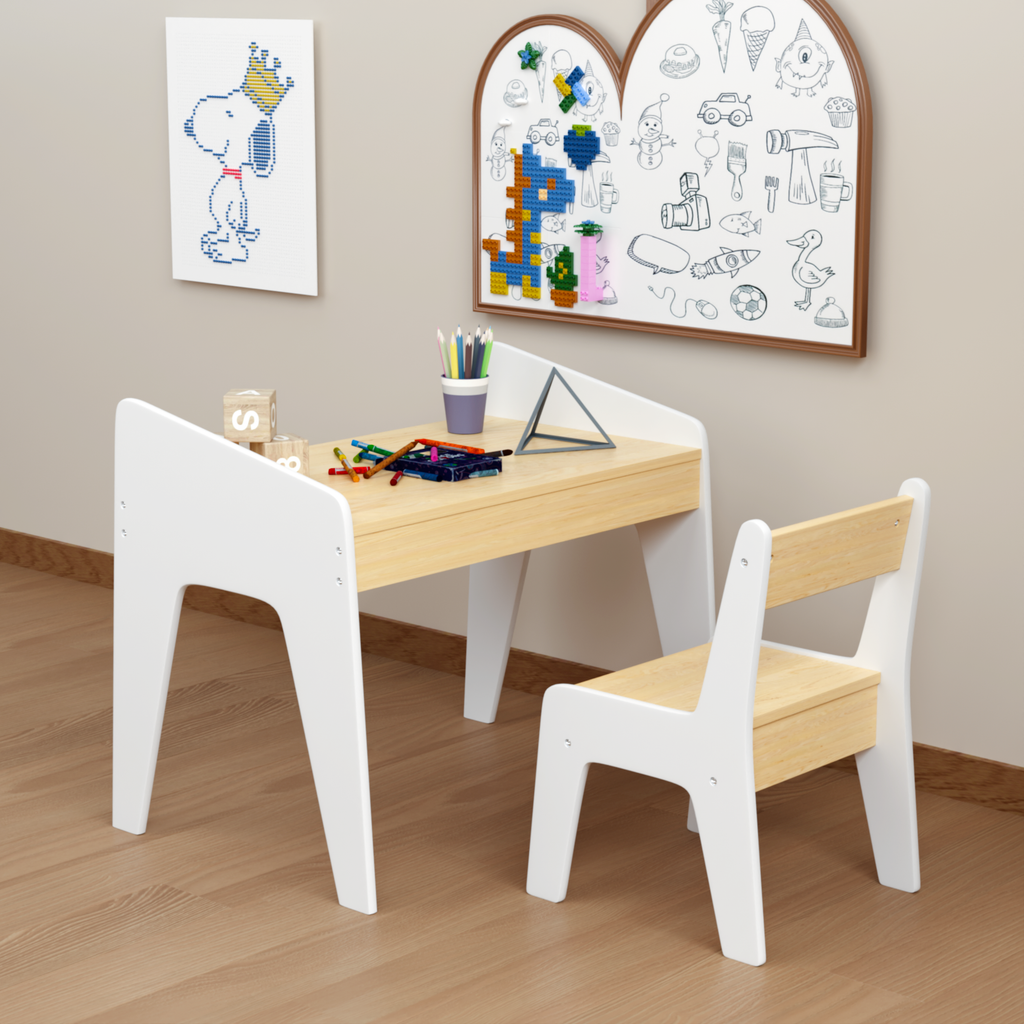 Kids Table Set with One Chair, Wooden Children Study Table, 2-8  Age Kids Funiture , White+Natural | Premium Home Decor - Gra