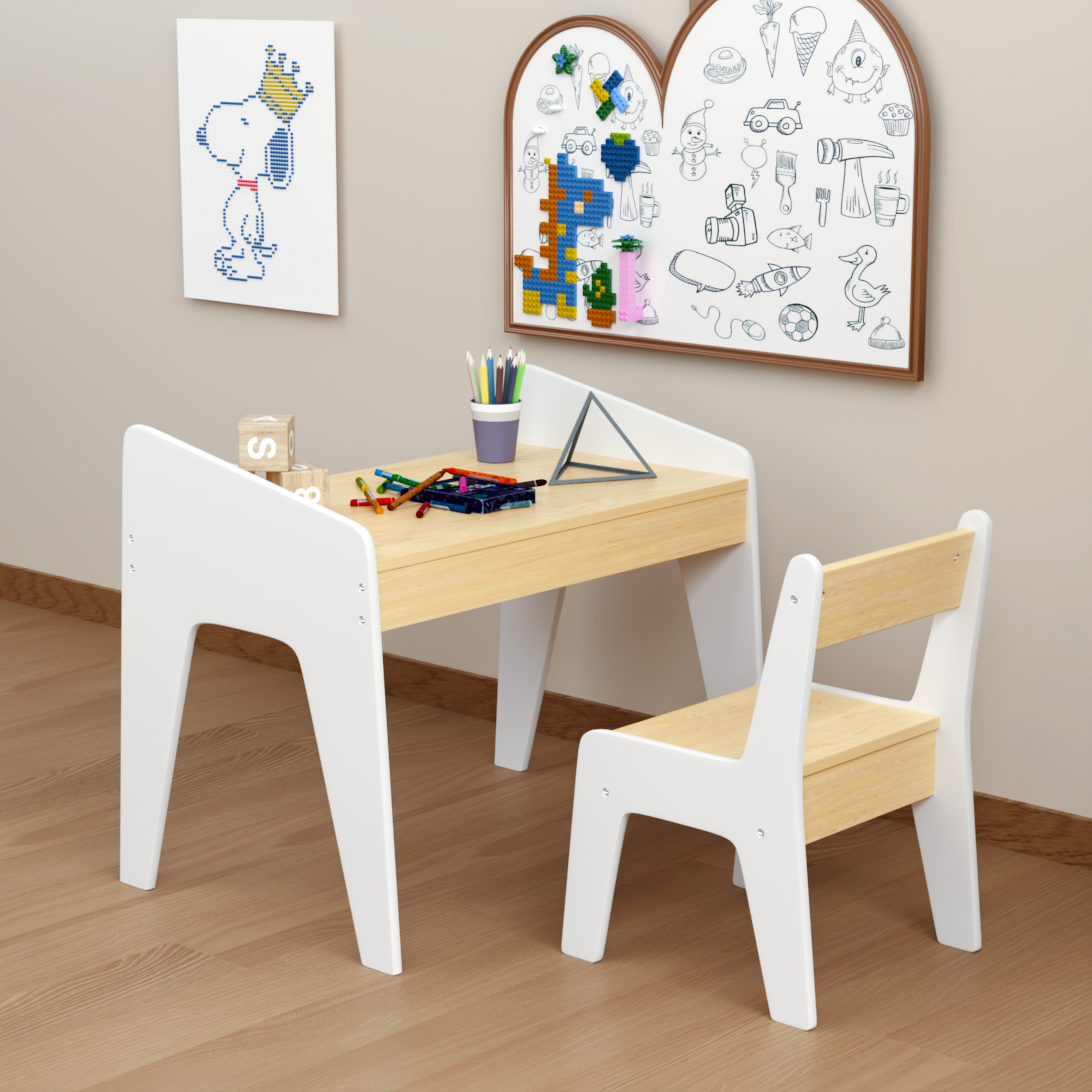 Kids Table Set with One Chair, Wooden Children Study Table, 2-8  Age Kids Funiture , White+Natural | Premium Home Decor - Gra