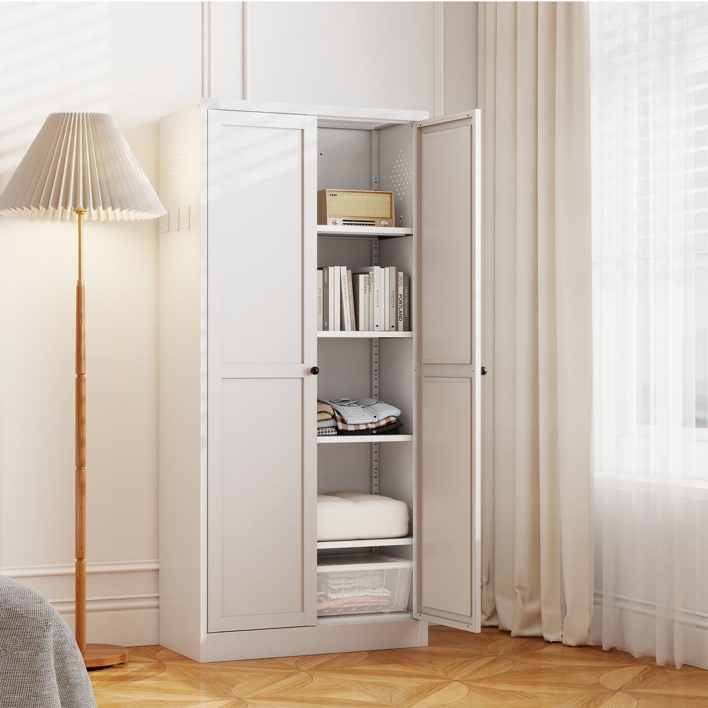 61' White Metal Kitchen Pantry Cabinet with Adjustable Storage and 4 Heavy Duty Shelves - Grand Goldman Shop