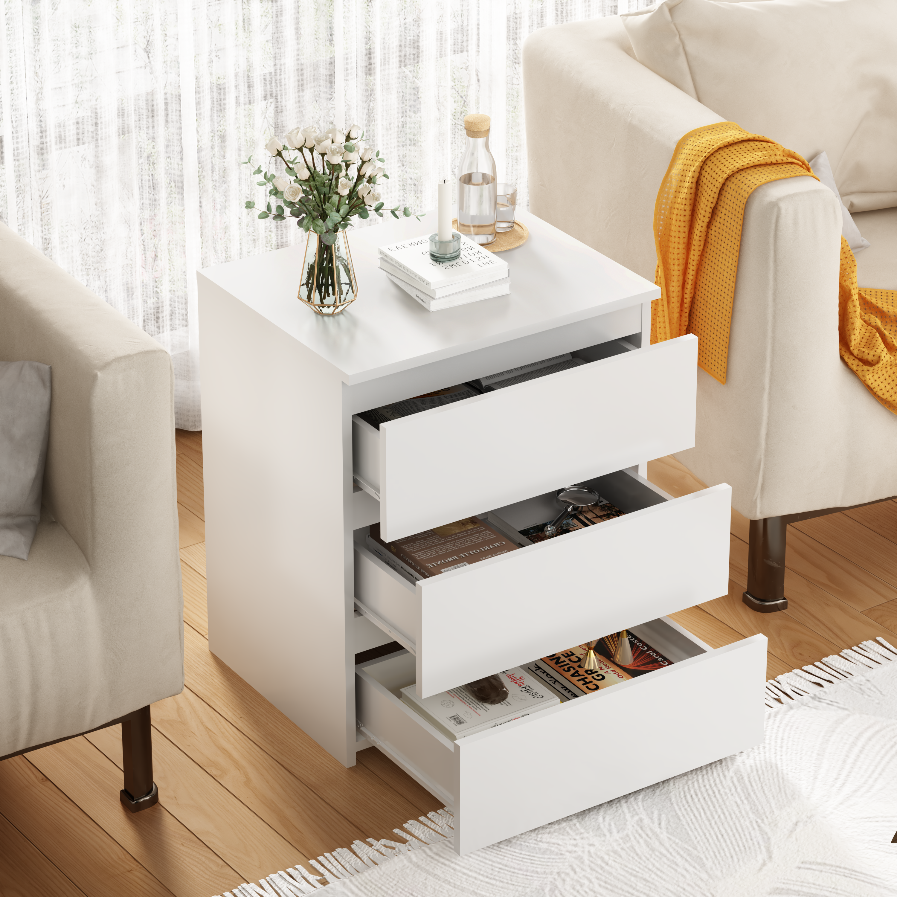 (Set of 2)3 Drawer Dresser, Small Dresser for Closet, Wooden White Nightstand for Bedroom, Chest of Drawers Side Table Storage Cabinet for Home Office , Each box Contains Two Side Tables - Grand Goldman Shop